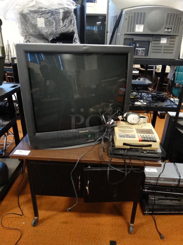ALL ONE MONEY! Lot of Panasonic Television, Tape Player and Cart on Casters! Cart: 40x26x27