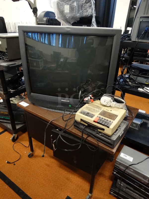 ALL ONE MONEY! Lot of Panasonic Television, Tape Player and Cart on Casters! Cart: 40x26x27 - Image 2 of 5