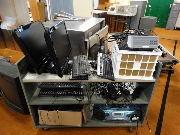ALL ONE MONEY! Lot of 2 HP Computers, 5 Keyboards, Cassette Player and 3 Tier Cart on Casters! Cart: 47.5x15.5x35