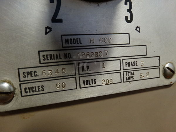 FANTASTIC! Hobart Model H 600 Metal Commercial Floor Style 60 Quart Planetary Mixer w/ Metal Mixing Bowl and Whisk Attachment. 208 Volts, 3 Phase. 27x35x56 - Image 4 of 9