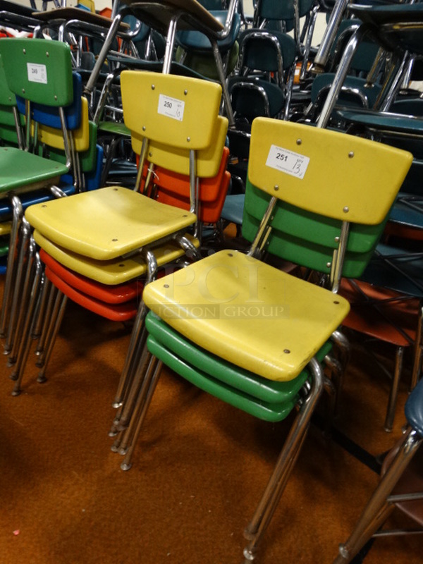 10 Various Colored Chairs on Metal Legs. 18x21x30. 10 Times Your Bid!