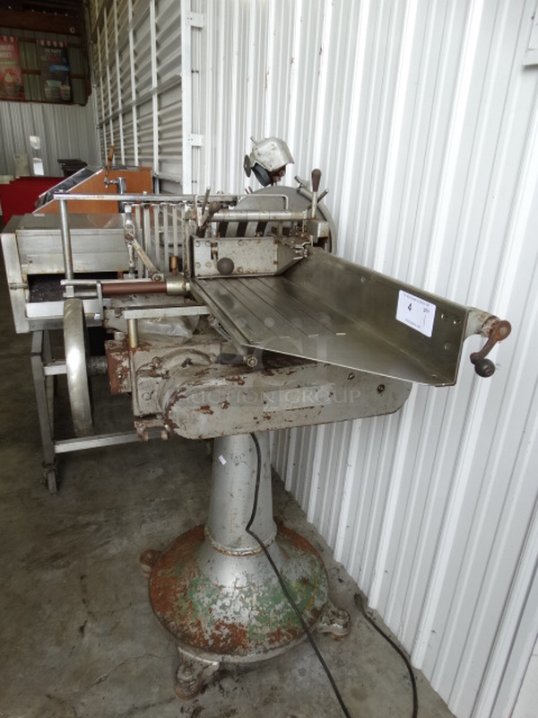 AMAZING! ANTIQUE! Berkel Model 170-D Stainless Steel Commercial Meat Slicer Stacker w/ Blade Sharpener on Original Stand! 56x36x59. Tested and Powers On But Parts Do Not Move - Image 1 of 10