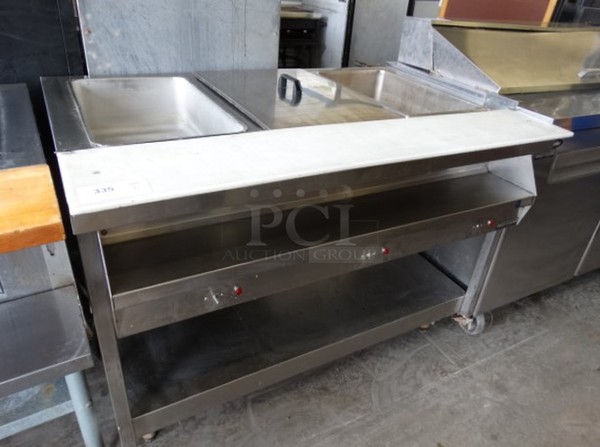 Stainless Steel Commercial Electric Powered Steam Table w/ Cutting Board and Undershelf. 48x31.5x35. Cannot Test Due To Plug Style