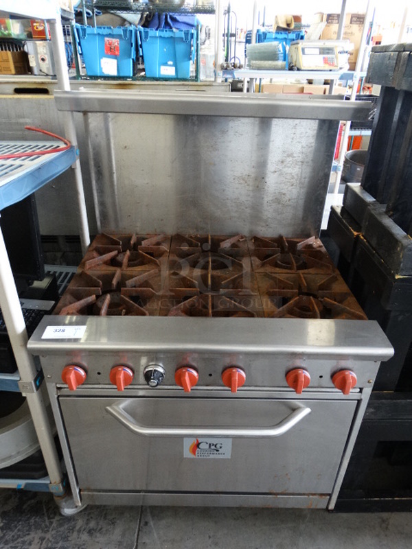 SWEET! CPG Model 36CPGV6B30L Stainless Steel Commercial Gas Powered 6 Burner Range w/ Lower Oven and Stainless Steel Overshelf. 36x34x58 - Image 1 of 9