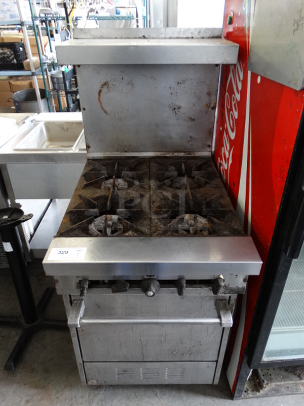 NICE! Garland SunFire Stainless Steel Commercial Gas Powered 4 Burner Range w/ Lower Oven and Stainless Steel Overshelf on Commercial Casters. 24x33x57 - Image 1 of 9
