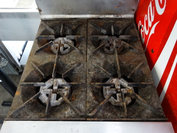 NICE! Garland SunFire Stainless Steel Commercial Gas Powered 4 Burner Range w/ Lower Oven and Stainless Steel Overshelf on Commercial Casters. 24x33x57 - Image 3 of 9
