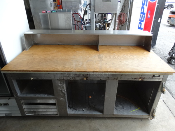 Stainless Steel Commercial Counter w/ Wooden Cutting Board Countertop and Overshelf. 73x32x46
