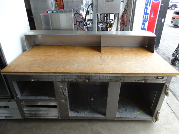 Stainless Steel Commercial Counter w/ Wooden Cutting Board Countertop and Overshelf. 73x32x46 - Image 1 of 9