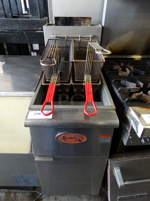 NICE! 2015 Avantco Model FF300-N Stainless Steel Commercial Natural Gas Powered Deep Fat Fryer w/ 4 Metal Fry Baskets. 15.5x30x47