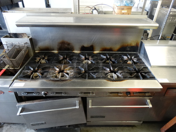 SWEET! American Range Stainless Steel Commercial Gas Powered 10 Burner Range w/ 2 Lower Ovens and Stainless Steel Overshelf on Commercial Casters. 60x34x57