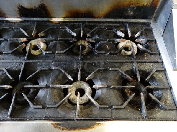 SWEET! American Range Stainless Steel Commercial Gas Powered 10 Burner Range w/ 2 Lower Ovens and Stainless Steel Overshelf on Commercial Casters. 60x34x57 - Image 3 of 12