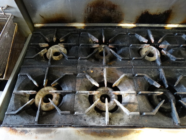 SWEET! American Range Stainless Steel Commercial Gas Powered 10 Burner Range w/ 2 Lower Ovens and Stainless Steel Overshelf on Commercial Casters. 60x34x57 - Image 4 of 12