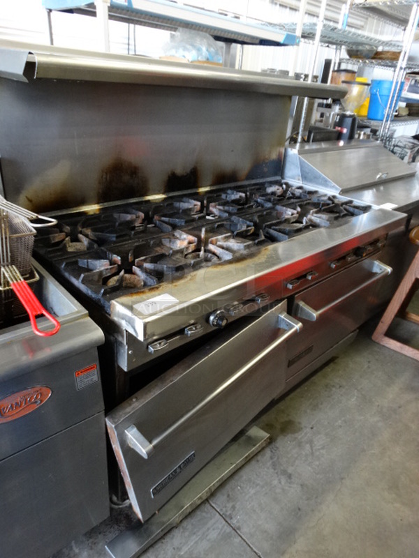 SWEET! American Range Stainless Steel Commercial Gas Powered 10 Burner Range w/ 2 Lower Ovens and Stainless Steel Overshelf on Commercial Casters. 60x34x57 - Image 5 of 12