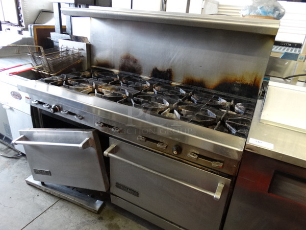 SWEET! American Range Stainless Steel Commercial Gas Powered 10 Burner Range w/ 2 Lower Ovens and Stainless Steel Overshelf on Commercial Casters. 60x34x57 - Image 12 of 12