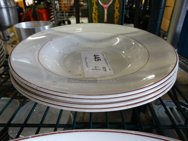 4 White Ceramic Pasta Plates w/ Red Lines on Rim. 11x11x2. 4 Times Your Bid!