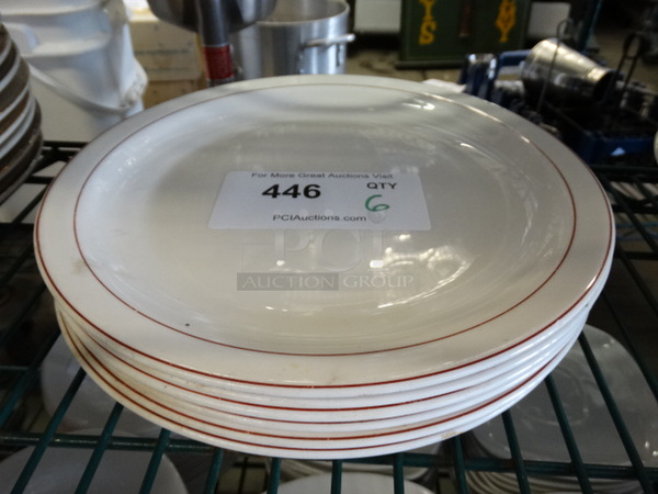 6 White Ceramic Plates w/ Red Lines on Rim. 10x10x1. 6 Times Your Bid!