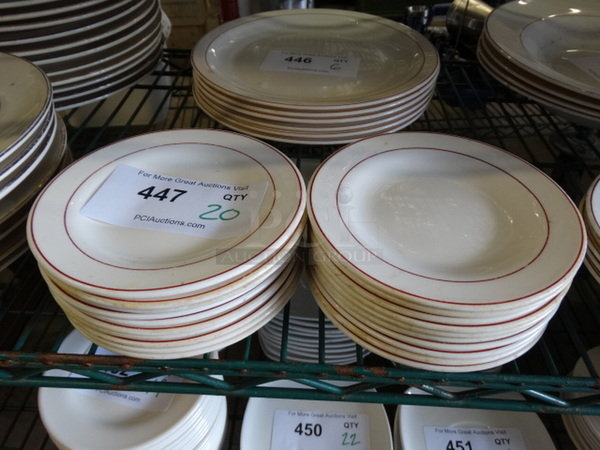 20 White Ceramic Plates w/ Red Lines on Rim. 6x6x1. 20 Times Your Bid!