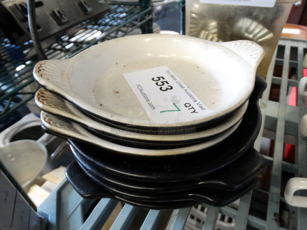 7 White and Black Ceramic Plates. 8x6.5x1.5, 8.5x7x1.5. 7 Times Your Bid!