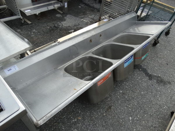 Stainless Steel Commercial 3 Bay Sink w/ Dual Drainboards. 92x26x24. Bays 16x19x12. Drainboards 18x21x2