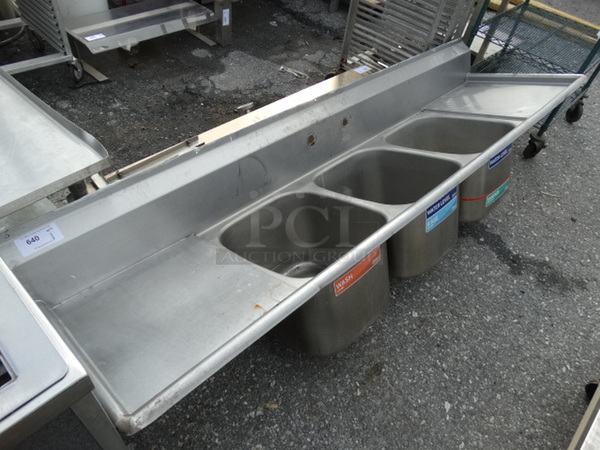 Stainless Steel Commercial 3 Bay Sink w/ Dual Drainboards. 92x26x24. Bays 16x19x12. Drainboards 18x21x2 - Image 1 of 6