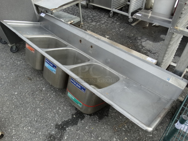 Stainless Steel Commercial 3 Bay Sink w/ Dual Drainboards. 92x26x24. Bays 16x19x12. Drainboards 18x21x2 - Image 2 of 6