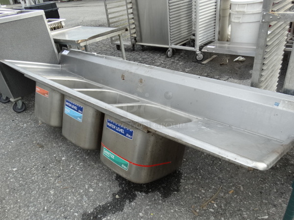 Stainless Steel Commercial 3 Bay Sink w/ Dual Drainboards. 92x26x24. Bays 16x19x12. Drainboards 18x21x2 - Image 6 of 6