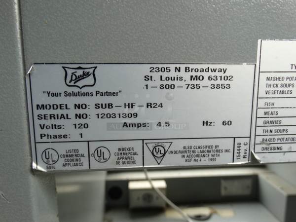 NICE! 2003 Duke Model SUB-HF-R24 Stainless Steel Commercial Soup Warmer Make Line Piece. 120 Volts, 1 Phase. 25x34.5x54 - Image 7 of 8