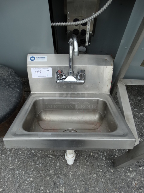 Stainless Steel Single Bay Wall Mount Sink w/ Faucet and Handles. 17x16x22