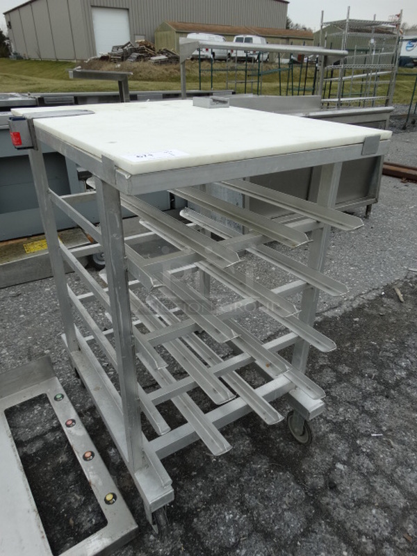 Metal Commercial Rack w/ Cutting Board Countertop, Vegetable Slicer Mount and Commercial Can Opener Mount on Commercial Casters. 25.5x34.5x42 - Image 3 of 7