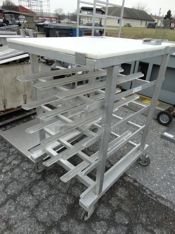 Metal Commercial Rack w/ Cutting Board Countertop, Vegetable Slicer Mount and Commercial Can Opener Mount on Commercial Casters. 25.5x34.5x42 - Image 4 of 7
