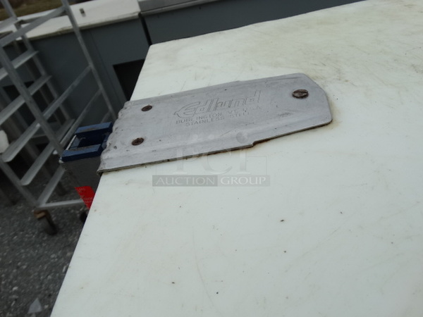 Metal Commercial Rack w/ Cutting Board Countertop, Vegetable Slicer Mount and Commercial Can Opener Mount on Commercial Casters. 25.5x34.5x42 - Image 6 of 7