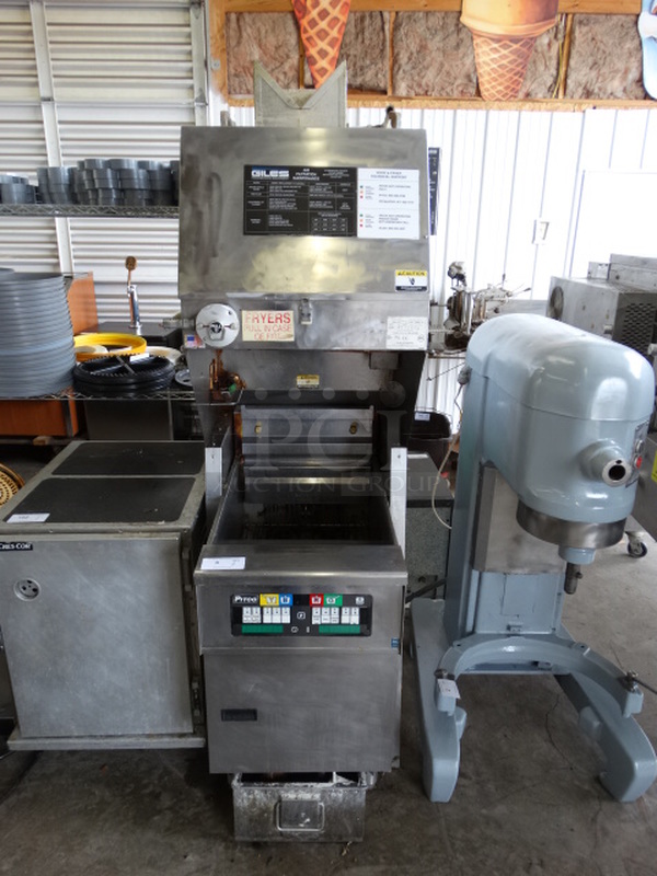 2 EXQUISITE! Items; Giles Model FSH-2-PH Stainless Steel Commercial Ventless Grease Hood and 2010 Pitco Frialator Model SEF184 Stainless Steel Commercial Electric Powered Deep Fat Fryer w/ Filtration System. 208-240 Volts, 3 Phase. 24x42x82. 2 Times Your Bid