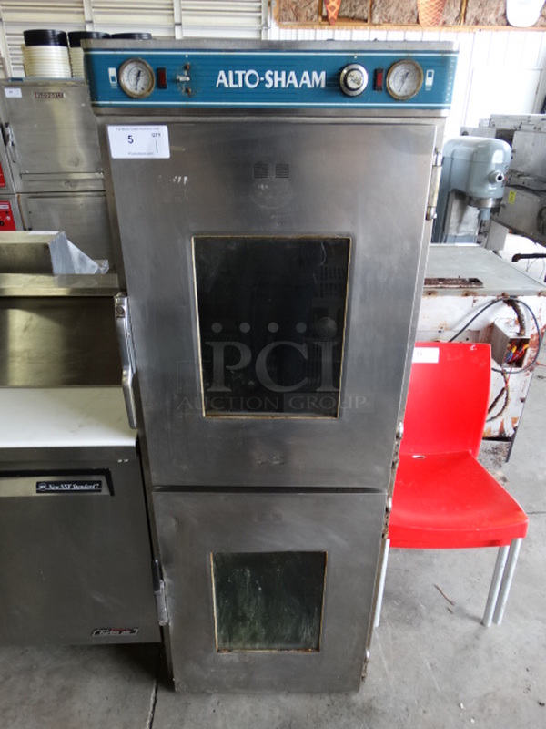 WOW! Alto Shaam Model 1200-UPS Stainless Steel Commercial Halo Heat Pass Through 2 Half Size Door Holding Cabinet. 125 Volts, 1 Phase. 24x34x68. Cannot Test Due To Plug Style