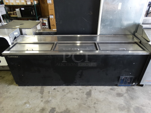 NICE! Continental Model CBC95 Stainless Steel Commercial Bottle Back Bar Cooler w/ 3 Sliding Lids. 115 Volts, 1 Phase. 95x28x34. Tested and Does Not Power On