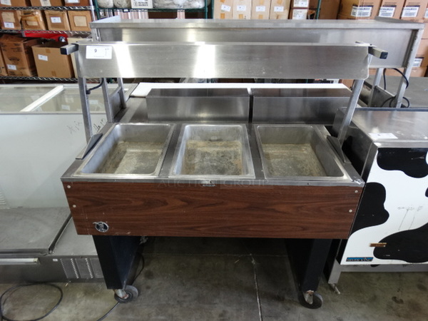NICE! Eagle Stainless Steel Commercial Electric Powered 3 Well Steam Table w/ Sneeze Guard on Commercial Casters. 120 Volts, 1 Phase. 48x23x53. Tested and Working!