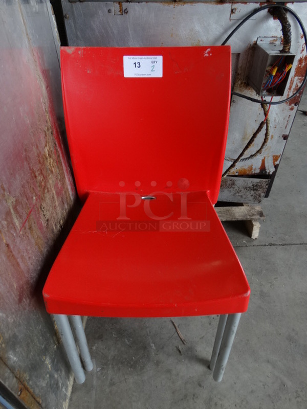 2 Red Poly Chairs on Gray Finish Legs. 18x17x32.5. 2 Times Your Bid!
