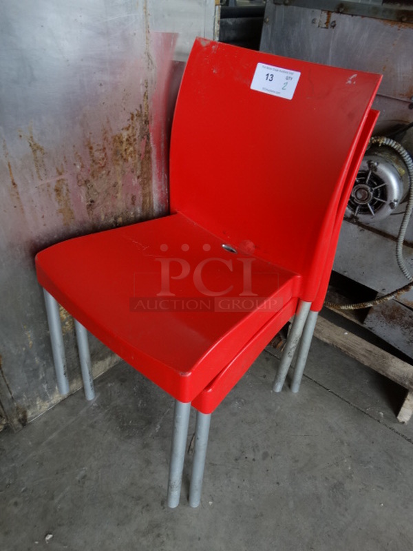 2 Red Poly Chairs on Gray Finish Legs. 18x17x32.5. 2 Times Your Bid! - Image 2 of 3