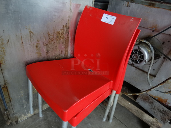 2 Red Poly Chairs on Gray Finish Legs. 18x17x32.5. 2 Times Your Bid! - Image 3 of 3