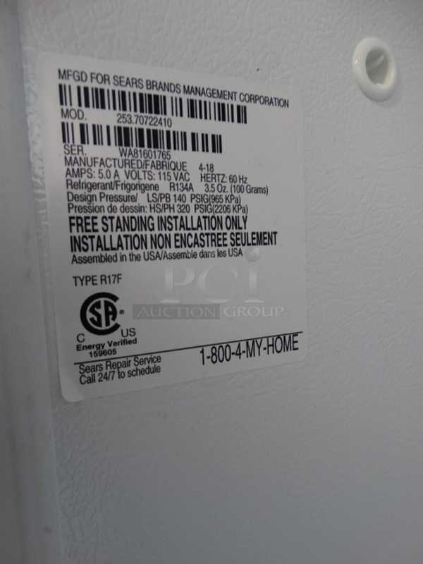 Kenmore Model 253.70722410 Single Door Reach In Cooler. 115 Volts, 1 Phase. 34x32x67. Tested and Working! - Image 8 of 8