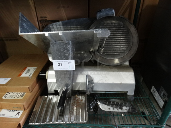 NICE! Stainless Steel Commercial Countertop Meat Slicer w/ Blade Sharpener. 26x22x17. Cannot Test Due To Missing Power Switch