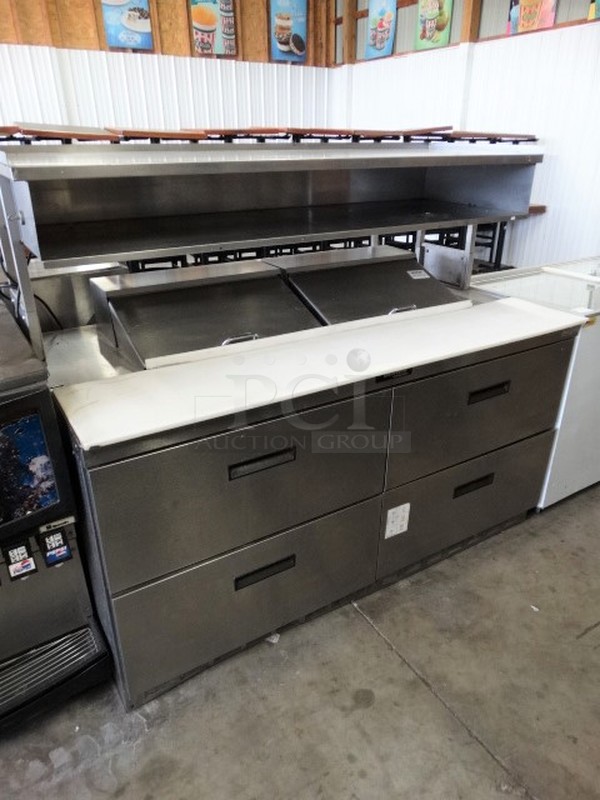 WOW! 2007 Delfield Model UCD4464N-12-DD5 Stainless Steel Commercial Sandwich Salad Prep Table Bain Marie Mega Top w/ 4 Drawers and Overshelf. 115 Volts, 1 Phase. 64x33x55. Tested and Working!