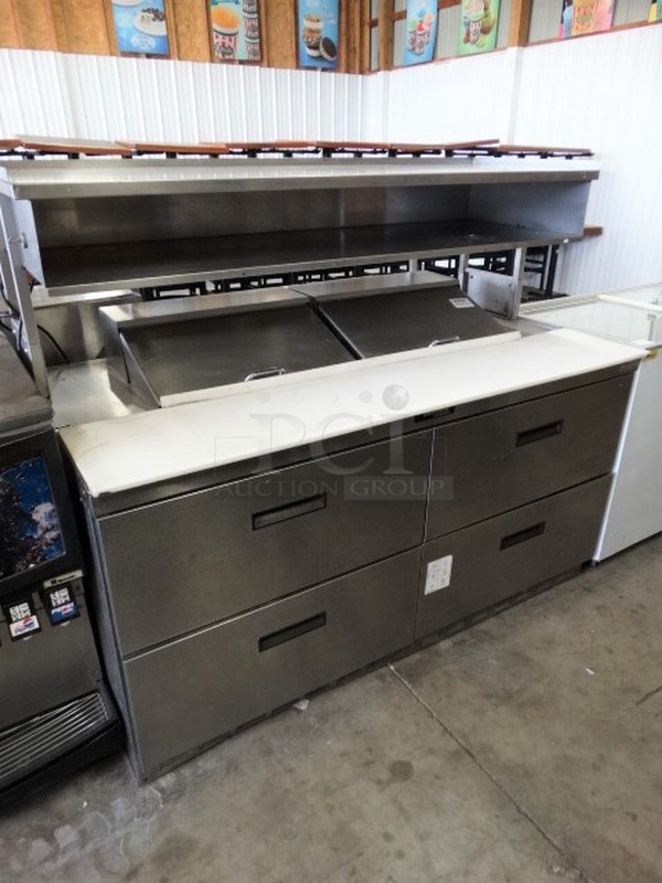WOW! 2007 Delfield Model UCD4464N-12-DD5 Stainless Steel Commercial Sandwich Salad Prep Table Bain Marie Mega Top w/ 4 Drawers and Overshelf. 115 Volts, 1 Phase. 64x33x55. Tested and Working! - Image 1 of 9