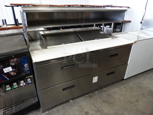 WOW! 2007 Delfield Model UCD4464N-12-DD5 Stainless Steel Commercial Sandwich Salad Prep Table Bain Marie Mega Top w/ 4 Drawers and Overshelf. 115 Volts, 1 Phase. 64x33x55. Tested and Working! - Image 2 of 9