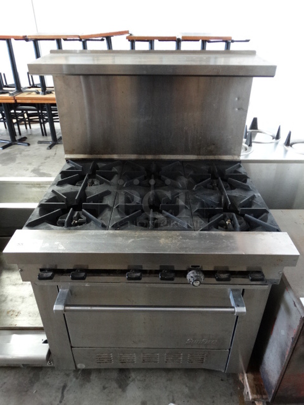 WOW! Garland SunFire Stainless Steel Commercial Gas Powered 6 Burner Range w/ Lower Oven and Stainless Steel Overshelf. 36x33x58