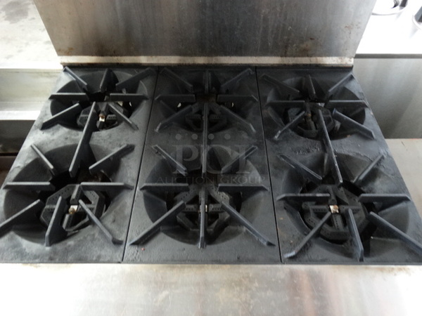 WOW! Garland SunFire Stainless Steel Commercial Gas Powered 6 Burner Range w/ Lower Oven and Stainless Steel Overshelf. 36x33x58 - Image 3 of 9