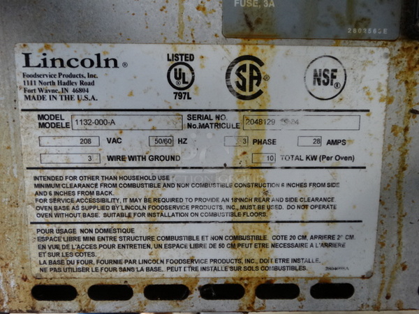 BEAUTIFUL! Lincoln Impinger Model 1132-000-A Stainless Steel Commercial Electric Powered Conveyor Pizza Oven on Commercial Casters. 208 Volts, 3 Phase. 61x37x43 - Image 7 of 9