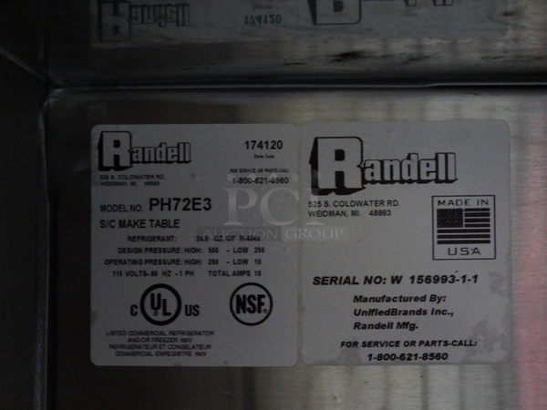 GREAT! Randell Model PH72E3 Stainless Steel Commercial Pizza Prep Table w/ 2 Lids and 2 Doors on Commercial Casters. 115 Volts, 1 Phase. 72x40.5x54. Tested and Working! - Image 8 of 8