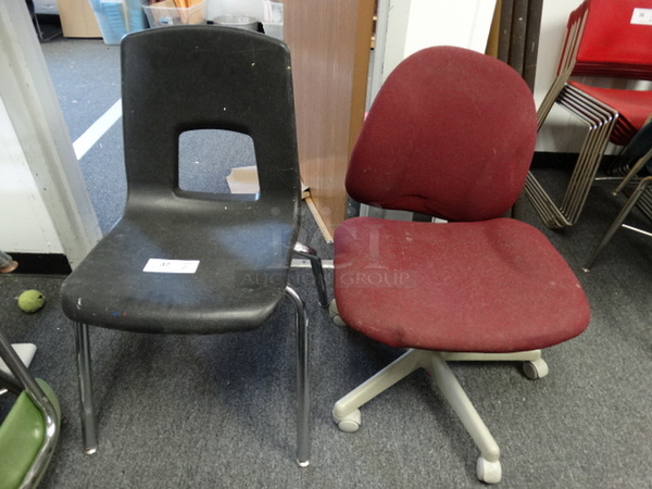 2 Various Chairs; Black Poly and Red Cushion. 21x21x33, 22x20x32. 2 Times Your Bid! (Room 14)