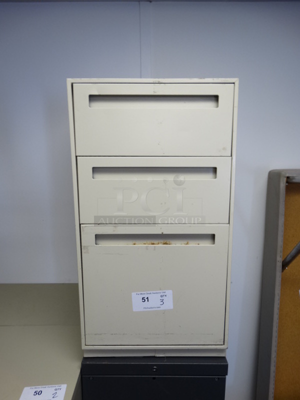 3 Metal Three Drawer Filing Cabinets. Includes 15x19.5x27. 3 Times Your Bid! (Room 14)