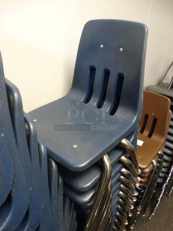 8 Poly Blue Chairs on Metal Legs. 16x17x23. 8 Times Your Bid! (Room 14)